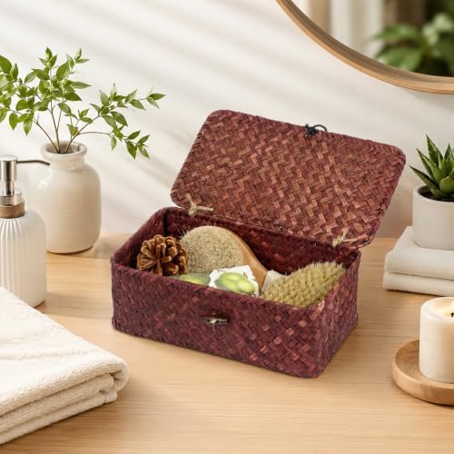 Seagrass Wicker Storage Basket with Lid, Small, Red - Image 2