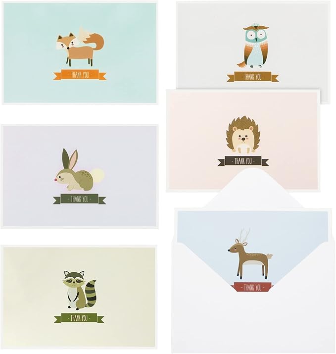 Best Paper Greetings Baby Shower Thank You Cards with Envelopes - Funny Woodland & Cute Animal Designs - Premium Cardstock Greeting Cards with Adhesive Envelopes - 6 Designs, Pack of 48, 4 x 6 In