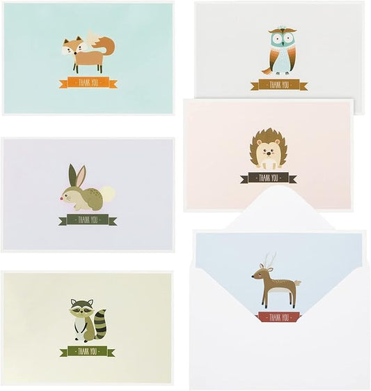 Best Paper Greetings Baby Shower Thank You Cards with Envelopes - Funny Woodland & Cute Animal Designs - Premium Cardstock Greeting Cards with Adhesive Envelopes - 6 Designs, Pack of 48, 4 x 6 In