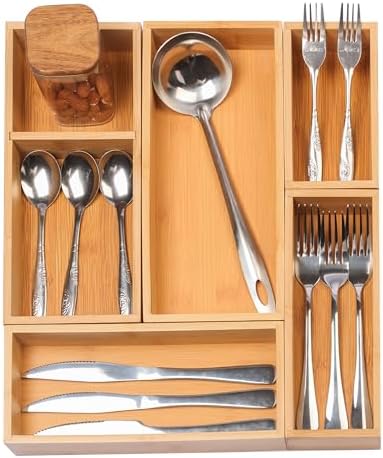 Vincona Bamboo Drawer Organizers Set, 5-Piece Multi-Use Wood Storage Organizers, Desk Drawer Tray for Kitchen, Bathroom, Office, Dresser, Bamboo Box Bin for Jewelry, Makeup, Junk, Gadgets by Vincona
