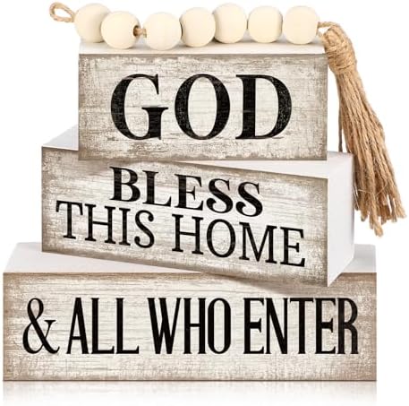 Moucuny 4 Pcs Christian Table Decor Rustic God Bless This Home Stacked Sign by Moucuny