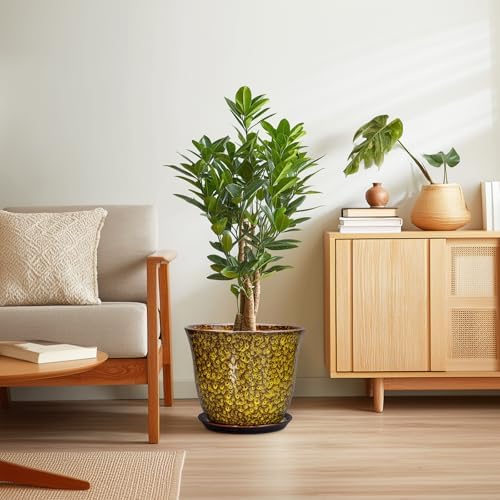12 Inch Plant Pot - Ceramic Pots for Plants with Drainage Hole and Saucer, Round Planter for Indoor Outdoor, Large Flower Pots, Modern Planter, Patio House Decor, Plant Lovers Gifts, Yellow - Image 7