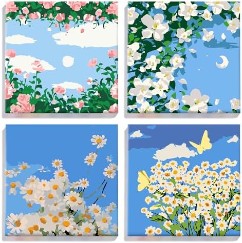 YONEYO 4 Pack Framed Paint by Numbers for Adults, Spring Floral & Daisy Blossom Acrylic Canvas Painting with Easels, Easy DIY Botanical Wall Art Decor, 8x8 Inch by Unknown