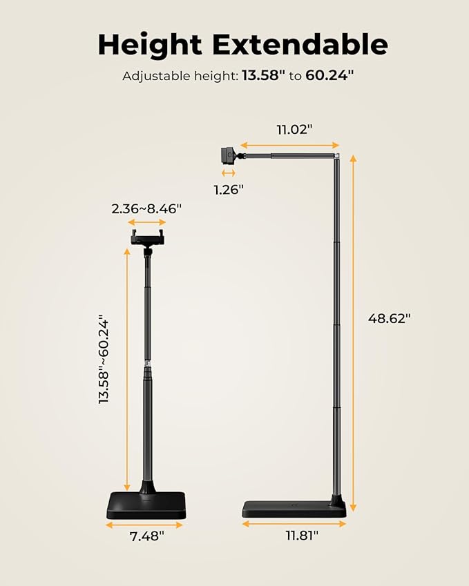 Tablet Floor Stand, Adjustable iPad Holder for Bed & Sofa - 360° Rotating Long Arm, Height Adjustable from 13.5" to 60.3", Sturdy Metal Base for iPad, Tablet, Phone (4-13 Inch), Black