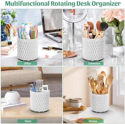 minimaliving Desk Organizer,Stylish Rhombus Pen Holder for Desk 360°Rotating Office Desk Accessories,Pencil Cup with 5 Compartments Storage Box Caddy for Office,School,Home,Art Supply(White) - Image 7