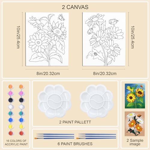 WEBEEDY 2 Pack 8x10 Pre Drawn Canvas Painting Kit Beautiful Flower Stretched Canvas Painting for Adults DIY Painting and Sip Party Supplies Outdoor Parties Birthday Gifts - Image 2