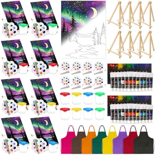 Cholemy 8 Set Paint and Sip Kit for Adults 8'' x 10'' Pre Drawn Canvas with Wooden Easels Acrylic Paint Brushes Wash Cup Palette Apron for Painting DIY Date Night Party Supplies (Moonlit Night) by Cholemy