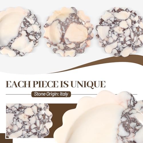 Koville 5.51" Scalloped Calacatta Viola Marble Tray, Round Stone Jewelry Trinket Dish for Ring, Natural Small Marble Tray for Bathroom Kitchen Dresser Countertop, Decorative Candle Tray - Image 4