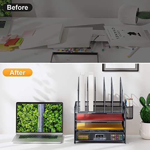 Marbrasse Desk Organizers, 4-Tier Mesh Desk File Organizer with 5 Vertical File Holders and 2 Pen Holders, Multifunction Desktop Organizer,Desk Organizers and Accessories for Home Office (Gray) - Image 5