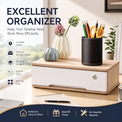 Wooden Desktop Storage Box with Lockable Drawers, Flat File Cabinet Drawer Desktop Storage Box, Countertop Storage Cabinet for Office Home Toiletries Supplies Vanity (natural wood+white, 1 Drawer) - Image 4