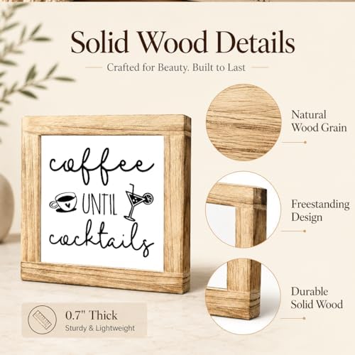 Coffee Until Cocktails Wood Sign, Coffee Bar Decor Plaque, Funny Kitchen Counter Shelf Decoration, Rustic Farmhouse Drink Station Decor For Home Bar Cafe Corner, 5.9 x 5.9 in - Image 6