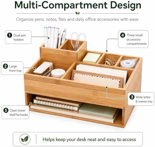 Bamboo Desk Organizer with Pen Holder and Open Shelf, Multi-Compartment Desktop Organizer for Mail, Notes, Books and Office Supplies, Space Saving Storage for Home Office Desk - Image 3