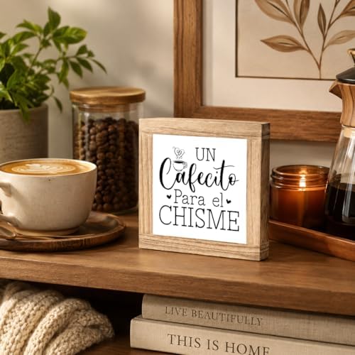 Coffee Wooden Plaque, UN Cafecito Para el Chisme, Spanish Coffee Quote Decor Sign, Funny Latino Inspired Kitchen Accent, Rustic Farmhouse Display Piece For Bar Counter Office Café Corner, 5.9 x 5.9 in - Image 5