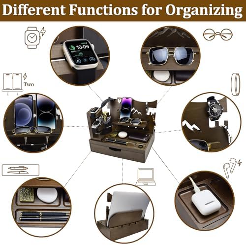 Nightstand Organizer for Men with Large Drawer Gift for Men, Brown - Image 5