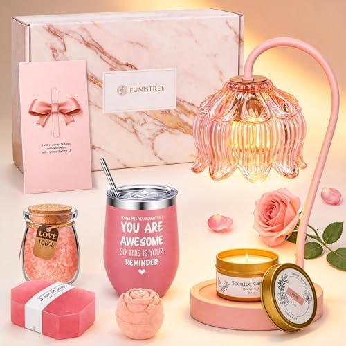 Flower Candle Warmer Lamp with Timer for Jar Candles, Dimmable Candle Lamp Warmer Gift Set with 3 Scented Candles Lavender Vanilla Oud, Christmas Birthday Gifts for Women Mom Wife Her - Pink by Funistree