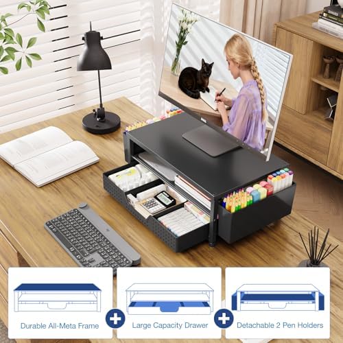 OPNICE Desk Organizers and Accessories, Computer Monitor Stand Riser with Drawer and 2 Pen Holders, Printer & Laptop Stand, Office Desk Accessories & Workspace Organizers for Home Office Supplies, Black 2-Pack - Image 6