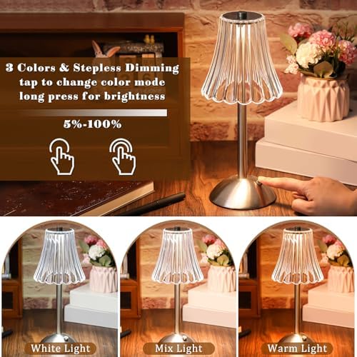 Liliful 4 Pcs Cordless Table Lamp LED Touch, Silver, Rose Style - Image 4