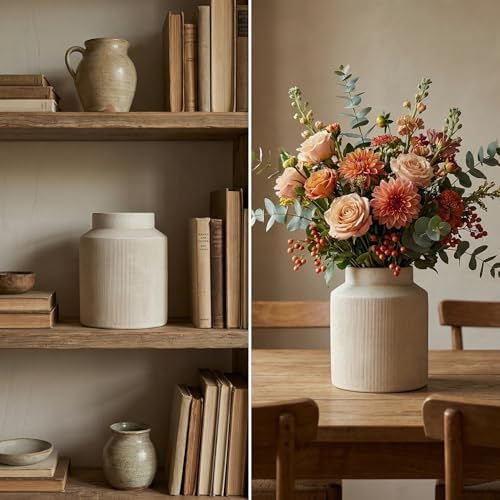 Rustic Terracotta Flower Vase, 7.5 Inch Aged Off-White Ceramic Pot for Dried Arrangements, Farmhouse Boho Centerpiece for Living Room, Entryway, Airbnb & Shelf Decor - Image 4
