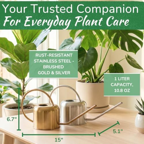Stainless Steel Houseplant Watering Can, Brushed Gold, 1L Capacity - Image 2