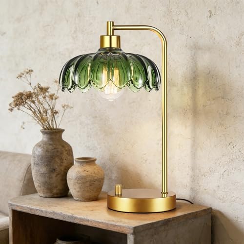 ILLMTW Glass Table Lamp Set of 2,Small Gold Bedside Lamps Dimmable Boho Bedroom Lamp with Tulip Flower Green Lamp Shade,Vintage Mid Century Modern Mini Nightstand Lamp for Bedroom Living Room - Image 5