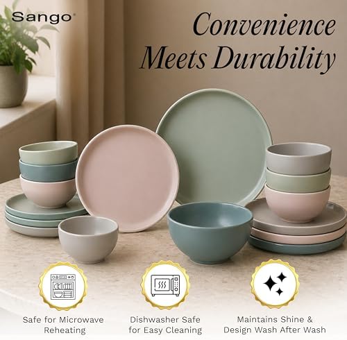 Sango 16-Piece Stoneware Dinnerware Set for 4, Satin Glazed Plates and Bowls Sets with Matte Finish, Ceramic Dish Set, Durable Kitchen Dishes, Microwave & Dishwasher Safe Dining, Rollo Artist's Blend - Image 4