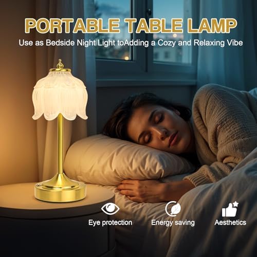Cordless Table Lamp, Rechargeable White Glass Lotus Flower Lamp - Image 6