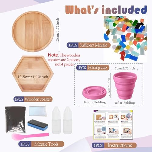 DIY Mosaic Tiles Crafts Kits for Adults, Mixed Stained Glass Mosaic Kit with 2 PCS Wooden Coaster Making Materials Package,Mosaic Adult Crafts for Women Beginners Handmade Home Decor Gifts - Image 2