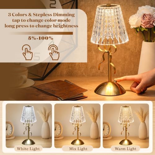 Liliful 2 Pcs Cordless Table Lamp LED Touch, Gold, Classic Style Bow - Image 4