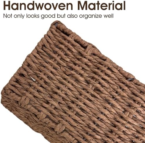 Paper Rope Storage Baskets for Shelves Organizing, Small Hand Woven Wicker Organizer Basket with Handle for Bathroom Toilet Paper Storage, Brown, 3-Pack - Image 2