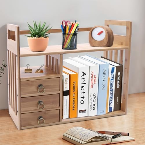 Bamboo Desktop Bookshelf Organizer, Double Layer Countertop Book Shelf with 3 Drawers, Desk Hutch Bookcase Organizer Display Shelf Rack for Office Home - Image 5