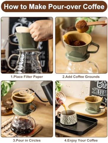 Gomakren Ceramic Pour Over Coffee Dripper, 3-Hole Cone Brewer, Olive Green - Image 7
