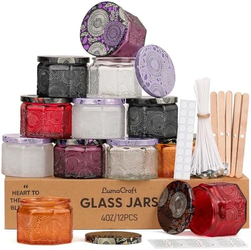 LumaCraft 12 Pack 4oz Glass Candle Jars with Lids, Hexagon Embossed Candle Making Containers, Empty Candle Jars with 20 Wicks & Labels for DIY Candle Making, Party Favors, Home Decor by Unknown