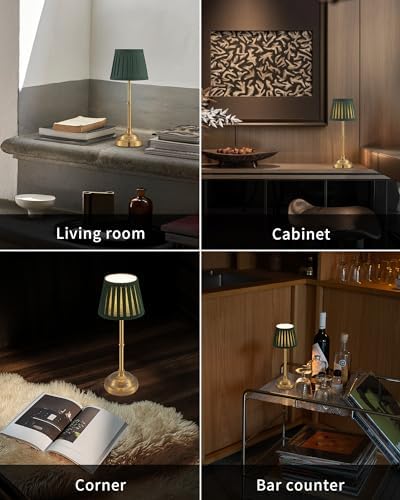KDG Gold Cordless LED Table Lamps Set of 2, Green Fabric Shade Desk Lamps - Image 6