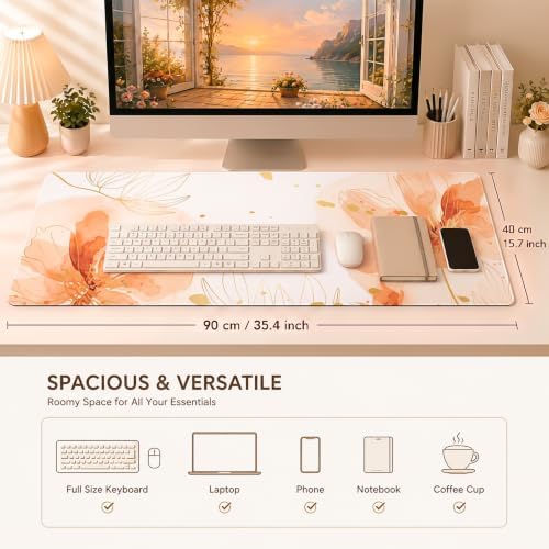 Desk Mat, Aesthetic Floral XXL Mouse Pad, 35.4 x 15.7 Inch, Orange - Image 3