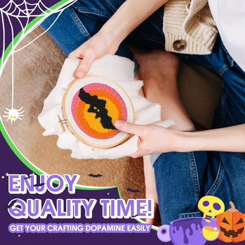 yuegool 6PCS Halloween Punch Needle Coasters Kit – Easy DIY Embroidery Kit for Beginners, Adults & Kids | Includes Patterns, Tools, Yarns, Hoop, Instructions, Coaster Holder - Image 3