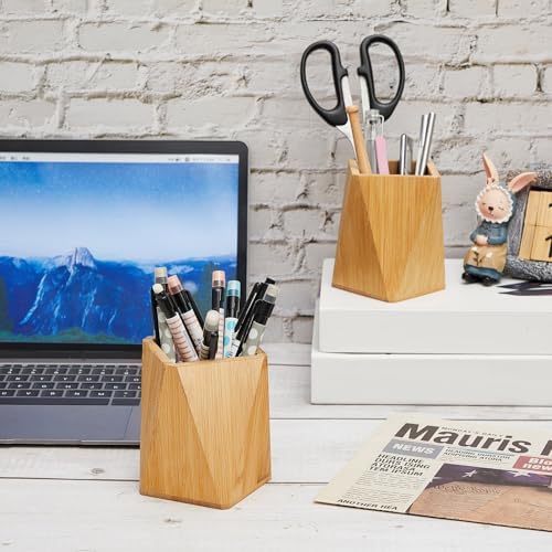 Henoyso 2 Pcs Bamboo Wood Pen Pencil Holder Geometric Pencil Cup Stand Makeup Organizer for Pen Holder Desk Home Office Adults(Bamboo) - Image 3