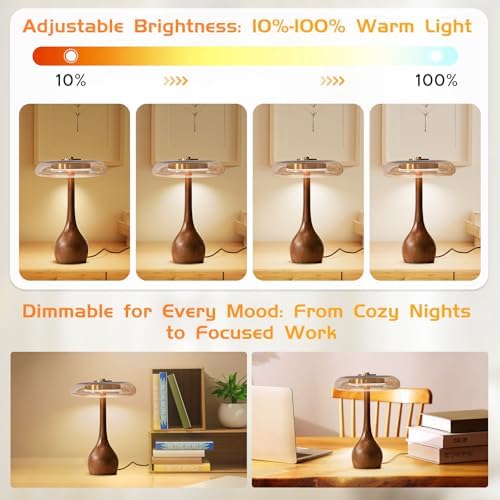 Small Table Lamp for Bedroom, Wooden Base, Teardrop Mushroom, H 12.4 In - Image 3