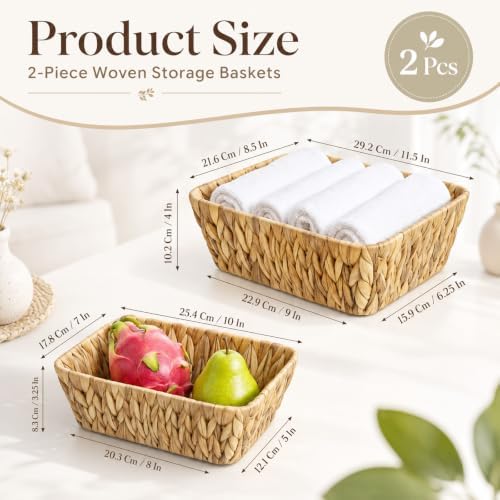 2 Pack Small Wicker Baskets, 2 Size Water Hyacinth Woven Basket Durable Rustic Hand Woven Decorative Baskets for Living Room, Kitchen, Bedroom, Shelf, Home Decor - Image 2