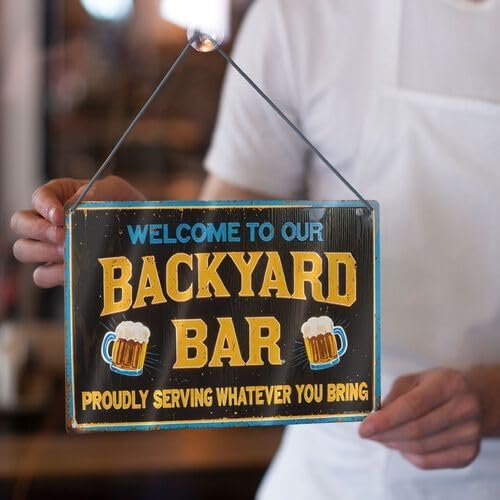 Vintage Rustic Metal Sign 8x12 Inch - Welcome to Our Backyard Bar with Beer Mugs Design, Humorous "Proudly Serving Whatever You Bring" Quote, Durable Iron Wall Decor - Image 6