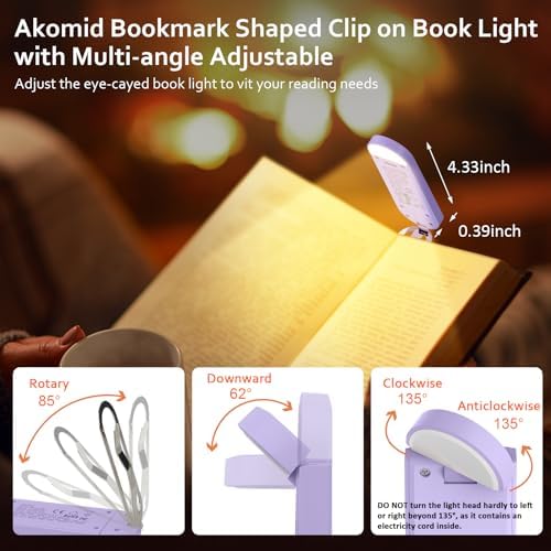 Akomid USB Rechargeable Book Light for Reading in Bed, 8 LEDs Bookmark Style Clip on, Eye-Cared Amber Light Mode for Kids, Blue Light Blocking, Stepless Dimming, Purple - Image 5