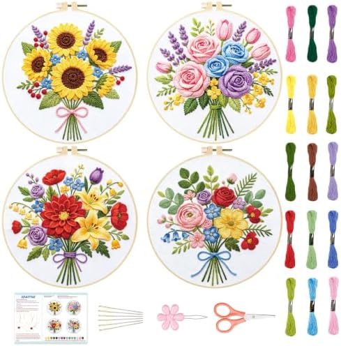 BEUNITONE 4pcs Embroidery Kit, Flower Stamped Embroidery Kits with Hoop, Thread & Needles, Colorful Bouquet Cross Stitch Kits Sewing Gifts for Adults and Beginners, DIY Craft for Relaxation by BEUNITONE