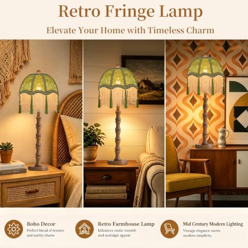 ILLMTW Vintage Table Lamp Set of 2,Flower Small Bedside Lamps Dimmable Bedroom Lamp with Fringe Green Shade,Boho Mid Century Retro Unique Tassel Nightstand Lamp for Bedroom Living Room Tiffany Decor - Image 2