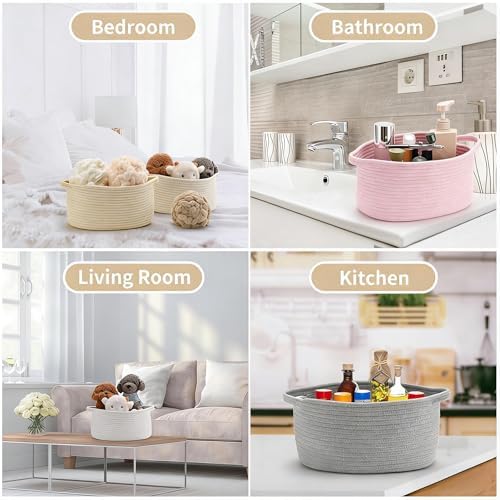 Woven Cotton Rope Storage Basket with Handle, Round Home Storage Basket for Home Organization and Gift Organizer, Home Organizer, Bedroom, Living Room, 12 x 8 x 5 Inch (Grey) - Image 3