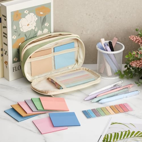 Jutom 39 Pcs Aesthetic Book Annotation Kit Highlighter with Pencil Case Bag Gel Pen Transparent Sticky Note Taking Bible Study College School Supplies (Green,Minimalist Style) - Image 2
