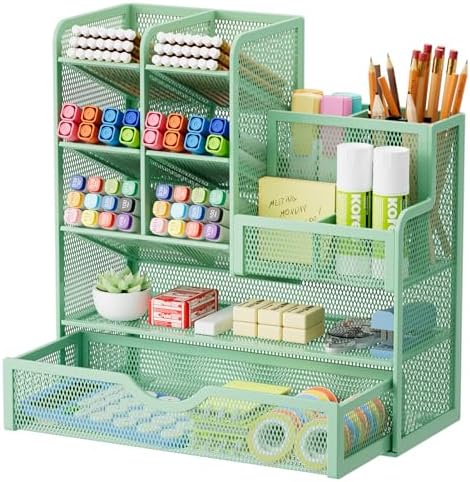 Marbrasse Mesh Pen Holder for Desk, Multi-Functional Pencil Organizer with Drawer, Desk Organizers and Accessories for Office Art Supplies (Green) by Marbrasse