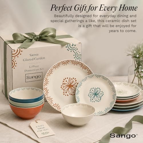 Sango 12-Piece Speckled Stoneware Dinnerware Set for 4- Glossy Plates and Bowls Set with Hand-Painted Floral Pattern, Rustic Ceramic Dish Set, Elegant Dishes for Everyday Dining, Siterra Glazed Garden - Image 3
