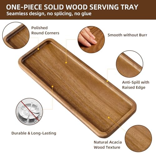 TJ POP Acacia Wooden Tray - 11.4” x 4.1” Rectangular Decorative Tray for Counter, Solid Wood Serving Tray for Coffee Table, Snacks & Drinks, Rustic Serving Platter for Party, Holiday & Everyday Use - Image 3
