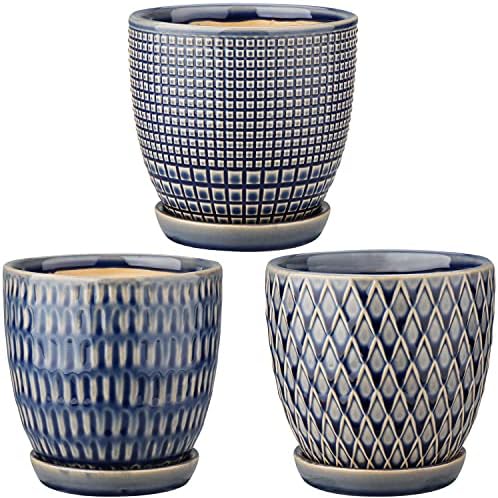 Oairse 4 inches Ceramic Planter Pots 3 Set of Small Round Flower Pots with Drainage Hole and Ceramic Tray for Succulents Cactus Indoor Outdoor Garden Home Windowsill by Oairse