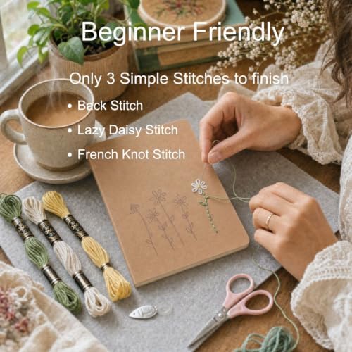 Paper Embroidery Kit for Beginners, Flower Hand Embroidery on Kraft Notebook DIY Craft Kit for Adults Teens with Pre-Printed Patterns, Complete Embroidery Supplies, 3 Simple Stitches, Handmade Gift - Image 5