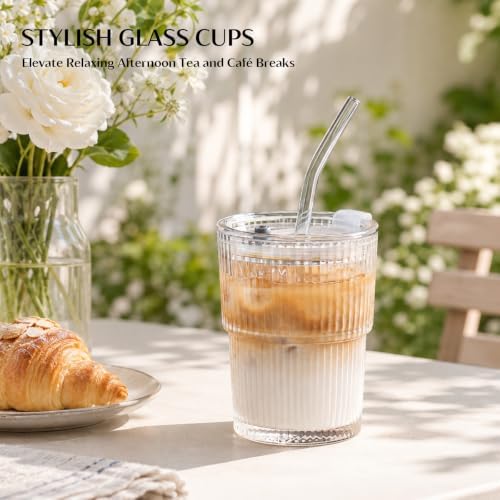 INSETLAN 13oz Glass Tumbler with Lid and Straw 4 Pack - Ribbed Glass Cup Iced Coffee Glasses, Clear Leakproof Tumbler Cup for Smoothies, Iced Latte,Matcha, Cold Drinks - Image 2